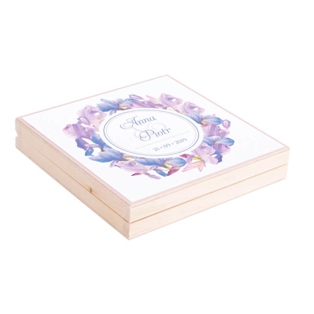 Eleganckie drewniane pudełko podziękowanie zaproszenie dla rodziców motyw kwiatowy irysy