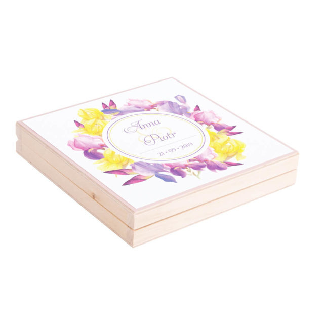 Eleganckie drewniane pudełko podziękowanie zaproszenie dla rodziców motyw kwiatowy irysy żółte