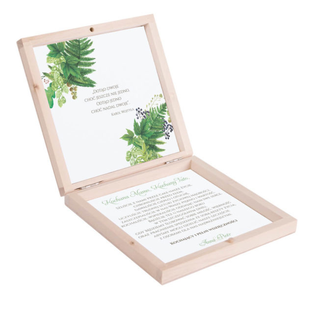 Eleganckie drewniane pudełko podziękowanie zaproszenie dla rodziców motyw kwiatowy paproć łubin