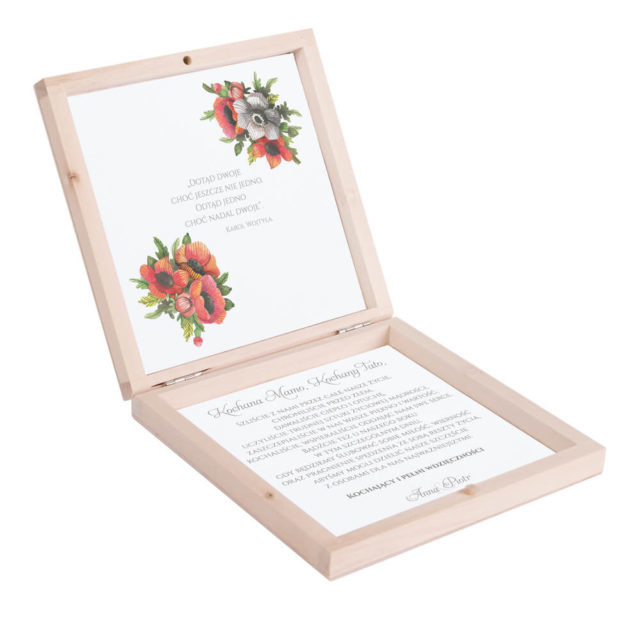Eleganckie drewniane pudełko podziękowanie zaproszenie dla rodziców motyw kwiatowy maki