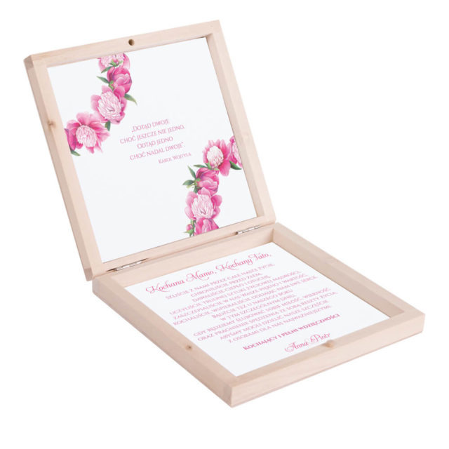 Eleganckie drewniane pudełko podziękowanie zaproszenie dla rodziców motyw kwiatowy piwonie