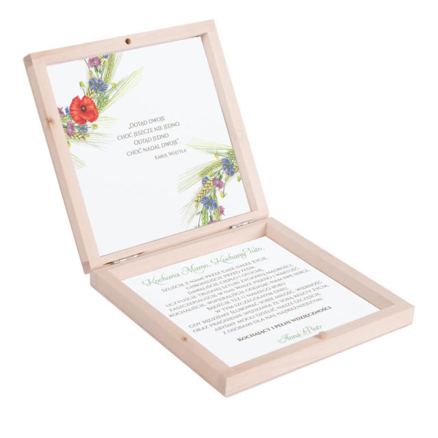 Eleganckie drewniane pudełko podziękowanie zaproszenie dla rodziców motyw kwiatowy polny