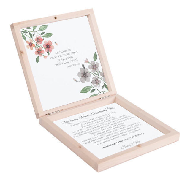 Eleganckie drewniane pudełko podziękowanie zaproszenie dla rodziców motyw kwiatowy retro