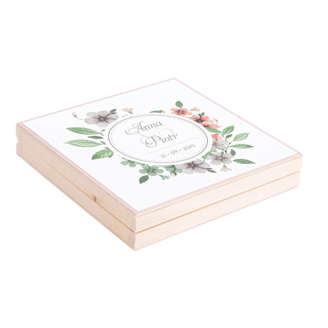 Eleganckie drewniane pudełko podziękowanie zaproszenie dla rodziców motyw kwiatowy retro