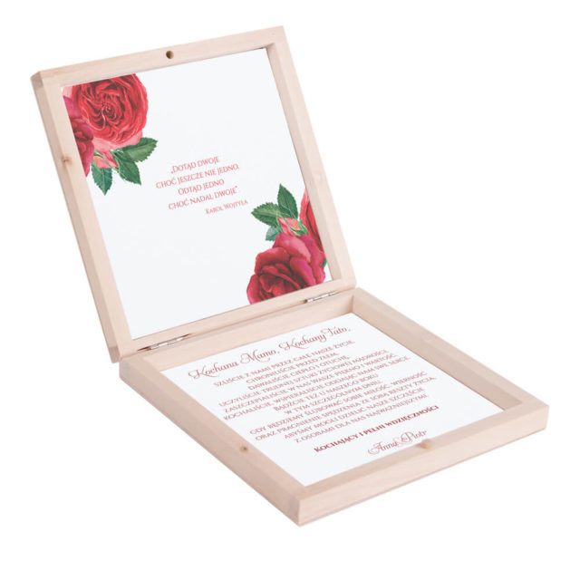 Eleganckie drewniane pudełko podziękowanie zaproszenie dla rodziców motyw kwiatowy czerwone róże