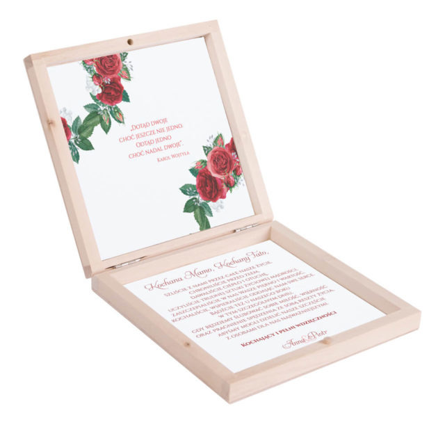 Eleganckie drewniane pudełko podziękowanie zaproszenie dla rodziców motyw kwiatowy róże