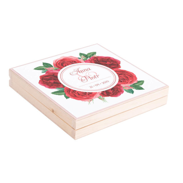 Eleganckie drewniane pudełko podziękowanie zaproszenie dla rodziców motyw kwiatowy czerwone róże