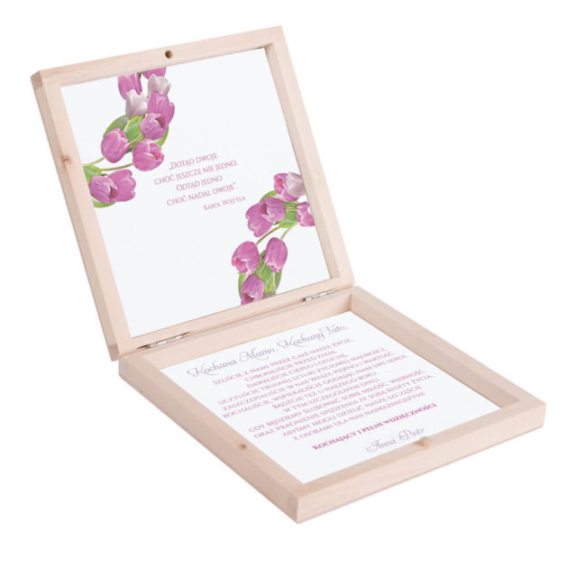 Eleganckie drewniane pudełko podziękowanie zaproszenie dla rodziców motyw kwiatowy tulipany