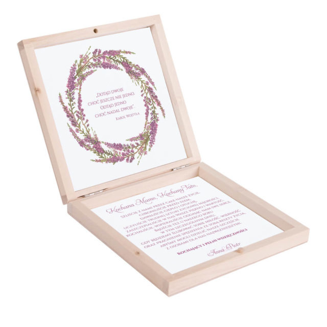 Eleganckie drewniane pudełko podziękowanie zaproszenie dla rodziców motyw kwiatowy wrzos fioletowy