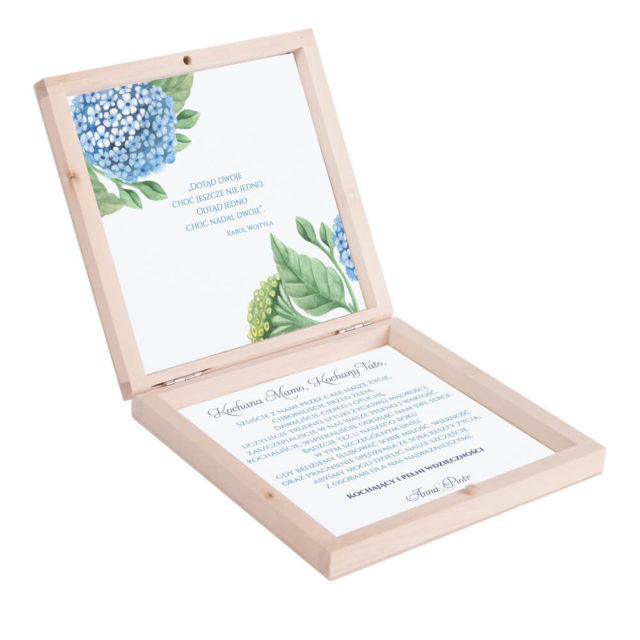 Eleganckie drewniane pudełko podziękowanie zaproszenie dla rodziców motyw kwiatowy hortensja