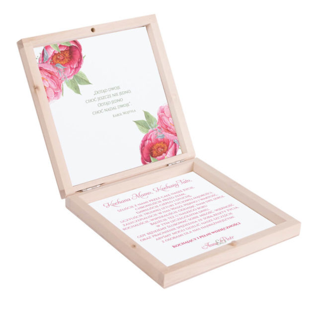 Eleganckie drewniane pudełko podziękowanie zaproszenie dla rodziców motyw kwiatowy czerwone piwonie