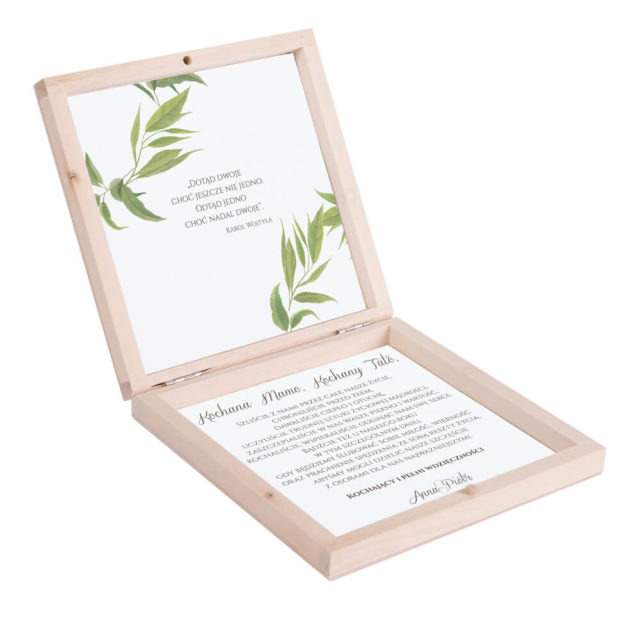 Eleganckie drewniane pudełko podziękowanie zaproszenie dla rodziców motyw kwiatowy liście eukaliptusa