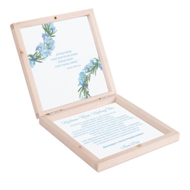 Eleganckie drewniane pudełko podziękowanie zaproszenie dla rodziców motyw kwiatowy niezapominajki