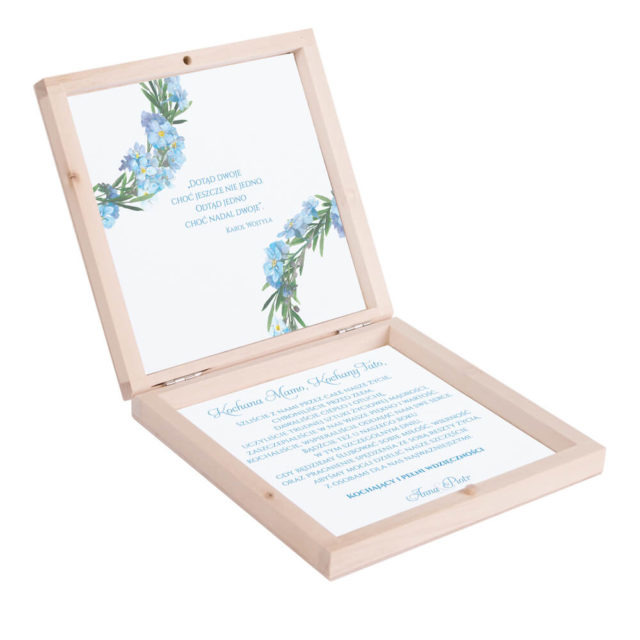 Eleganckie drewniane pudełko podziękowanie zaproszenie dla rodziców motyw kwiatowy niezapominajki