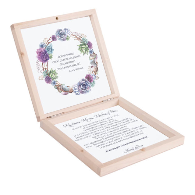 Eleganckie drewniane pudełko podziękowanie zaproszenie dla rodziców motyw kwiatowy sukulenty