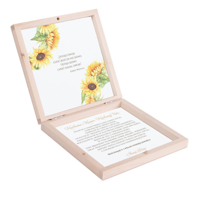 Eleganckie drewniane pudełko podziękowanie zaproszenie dla rodziców motyw kwiatowy słoneczniki