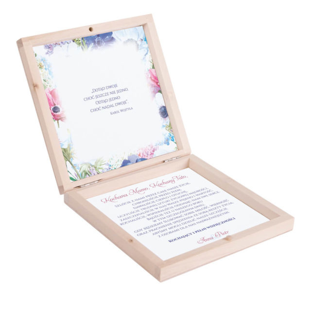 Eleganckie drewniane pudełko podziękowanie zaproszenie dla rodziców motyw kwiatowy kolorowy