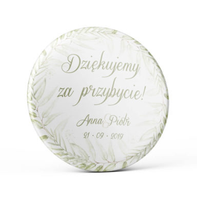 Metalowa okrągła przypinka dla gości agrafka wesele zielony greenery