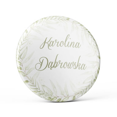 Metalowa okrągła przypinka dla gości agrafka zielony greenery wesele