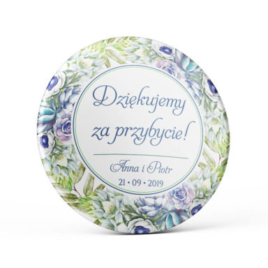 Metalowa okrągła przypinka dla gości agrafka anemony sukulenty kolorowe