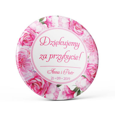 Metalowa okrągła przypinka dla gości agrafka różowa goździki wesele