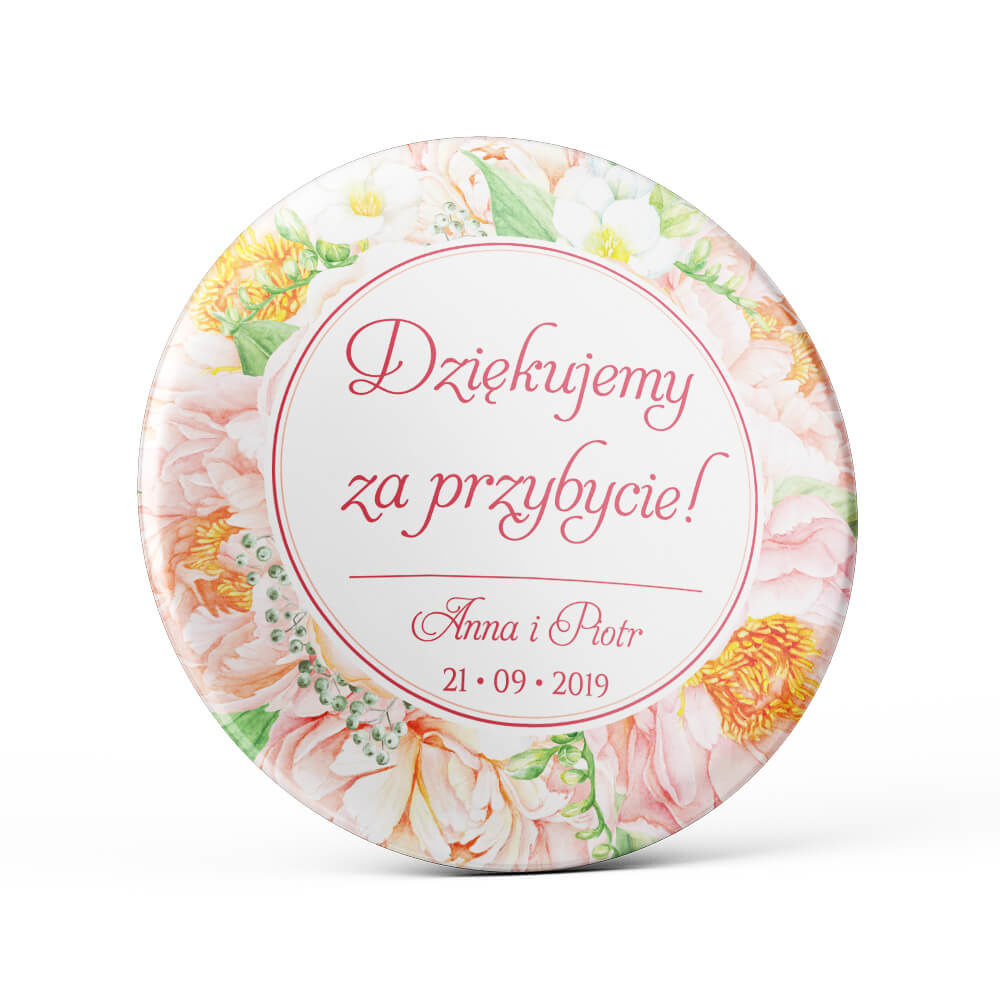 Metalowa okrągła przypinka dla gości agrafka frezje piwonie kolorowe