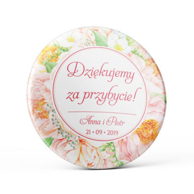 Metalowa okrągła przypinka dla gości agrafka frezje piwonie kolorowe