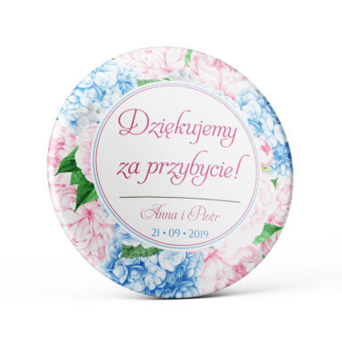 Metalowa okrągła przypinka dla gości agrafka niebieska hortensja różowa piwonia