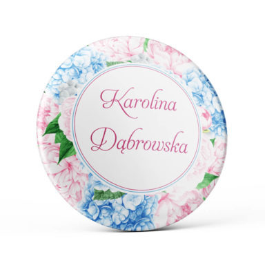 Metalowa okrągła przypinka dla gości agrafka niebieska hortensja różowa piwonia