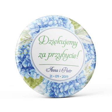 Metalowa okrągła przypinka dla gości agrafka niebieska hortensja zielone liście