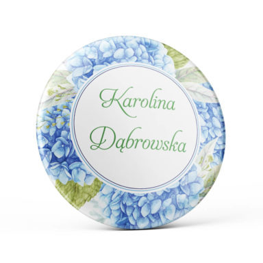 Metalowa okrągła przypinka dla gości agrafka niebieska hortensja