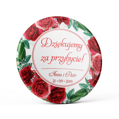 Metalowa okrągła przypinka dla gości agrafka czerwone róże personalizacja