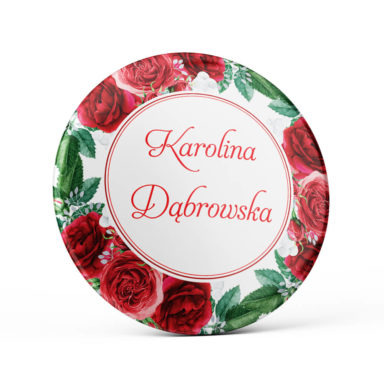 Metalowa okrągła przypinka dla gości agrafka czerwone róże