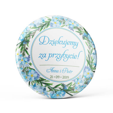 Metalowa okrągła przypinka dla gości agrafka niezapominajki niebieski