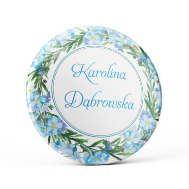 Metalowa okrągła przypinka dla gości agrafka niezapominajki niebieski zielony