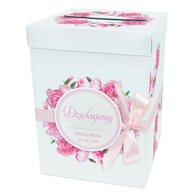 Pudełko karton na koperty pieniądze ślubne kościół kwiaty różowe goździki kokardka