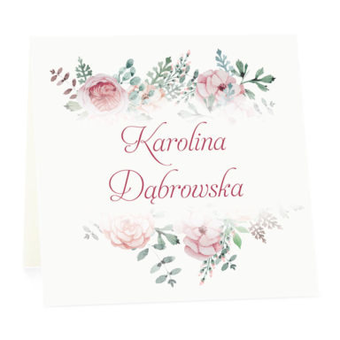 Winietka weselna na stół wizytówka podziękowanie personalizacja kwiaty różowo zielone