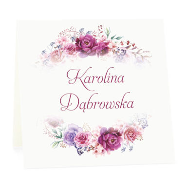 Winietka weselna na stół wizytówka podziękowanie personalizacja florals fioletowe