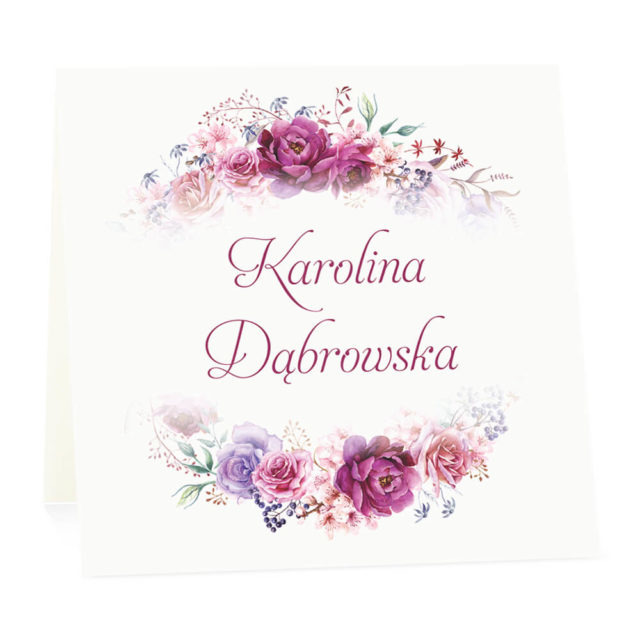 Winietka weselna na stół wizytówka podziękowanie personalizacja florals fioletowe