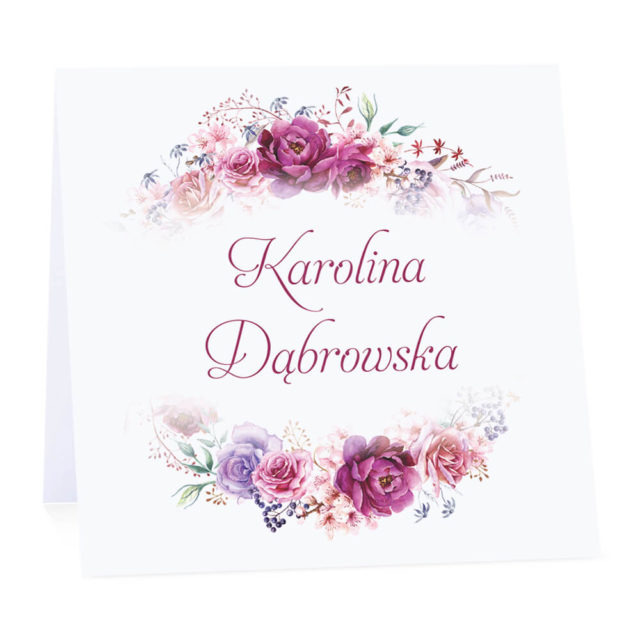 Winietka weselna na stół wizytówka podziękowanie personalizacja florals fioletowe