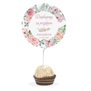 Winietka weselna na stół metalowa szpilka podziękowanie różowo zielone kwiaty