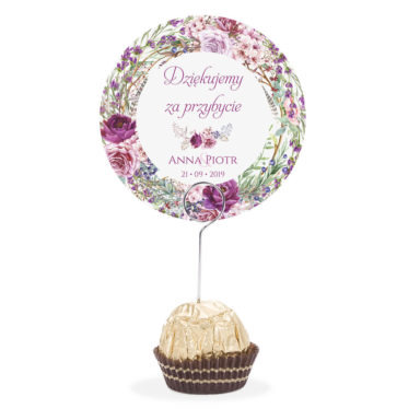 Winietka weselna na stół metalowa szpilka podziękowanie fioletowo zielone