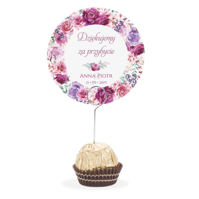 Winietka weselna na stół metalowa szpilka podziękowanie fioletowe kwiaty