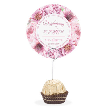 Winietka weselna na stół metalowa szpilka podziękowanie różowe kwiaty florals