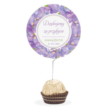 Winietka weselna na stół metalowa szpilka podziękowanie fiołki