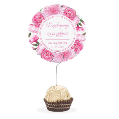 Winietka weselna na stół metalowa szpilka podziękowanie różowe goździki