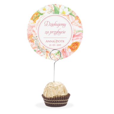 Winietka weselna na stół metalowa szpilka podziękowanie frezja piwonia