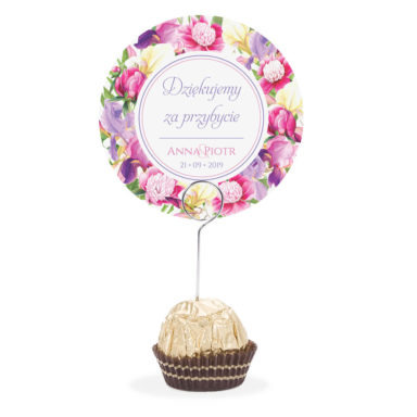 Winietka weselna na stół metalowa szpilka podziękowanie piwonie irysy