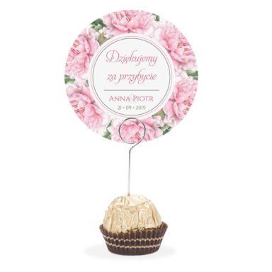 Winietka weselna na stół metalowa szpilka podziękowanie kwiat piwonii różowy