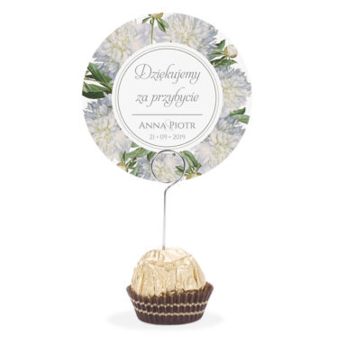 Winietka weselna na stół metalowa szpilka podziękowanie kwiat piwonii biały